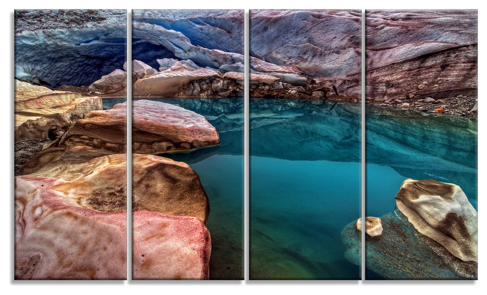 Deep Glacier Cave in Blue, Landscape Canvas Art Print, 48"x28", 4 Panels