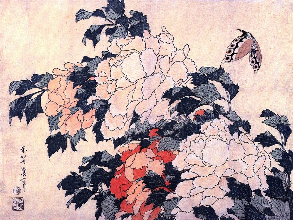Tile Mural Japan. Poenies and Butterfly By Hokusai, 6"x8", Matte