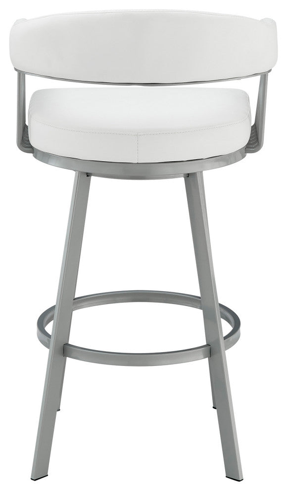 30" Mod White Faux Leather Silver Finish Swivel Bar Stool