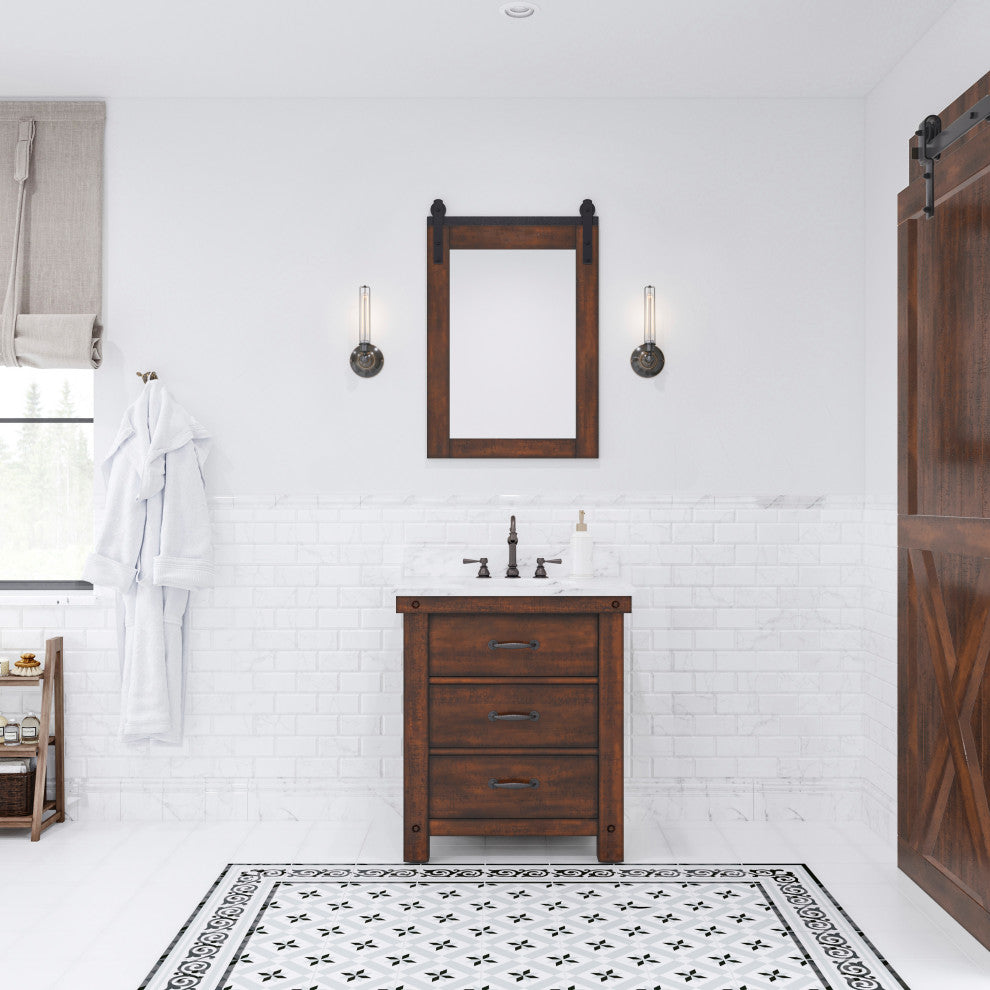 Aberdeen Carrara Marble Countertop Vanity in Rustic Sierra with Barn Mirror