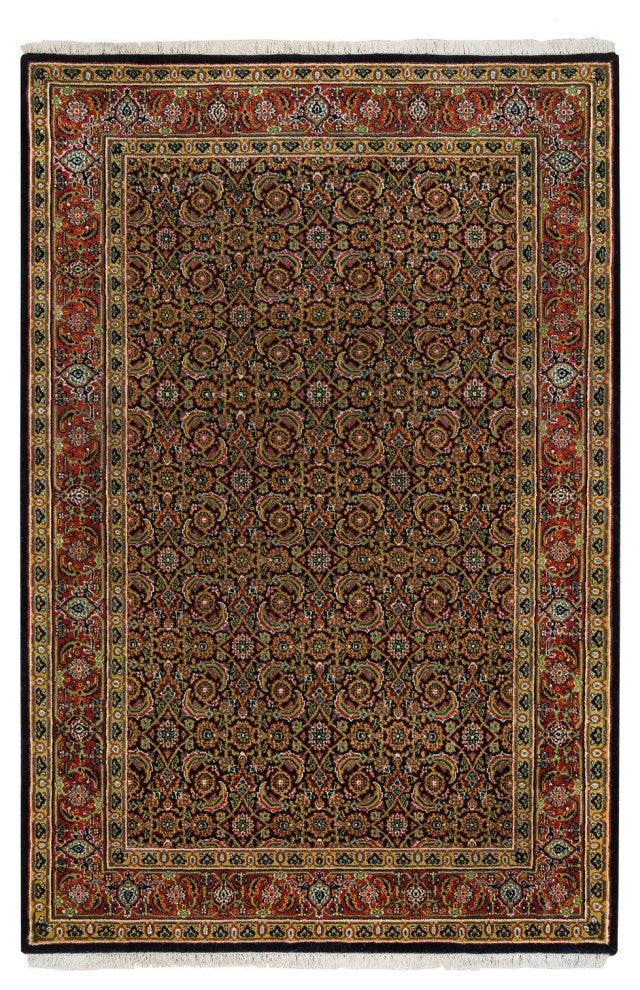 Grease Black Herrita Design 250 KPSI Wool Hand Knotted Oriental Rug, 4'1"x6'3"