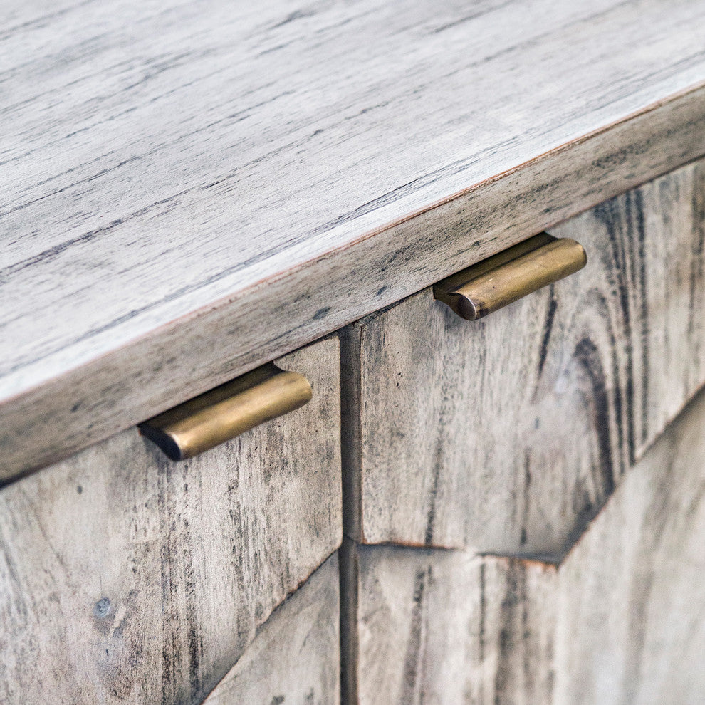MidCentury Ivory Gray Distressed Wood Cabinet Accent Console Diamond Honeycomb