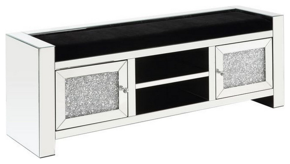 Benzara BM251187 Mirrored Bench With Faux Diamonds and 2 Door Cabinets, Silver