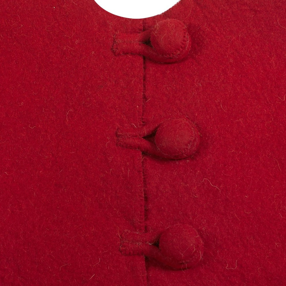 Handmade Christmas Tree Skirt in Felt, Pom Poms on Red, 63"