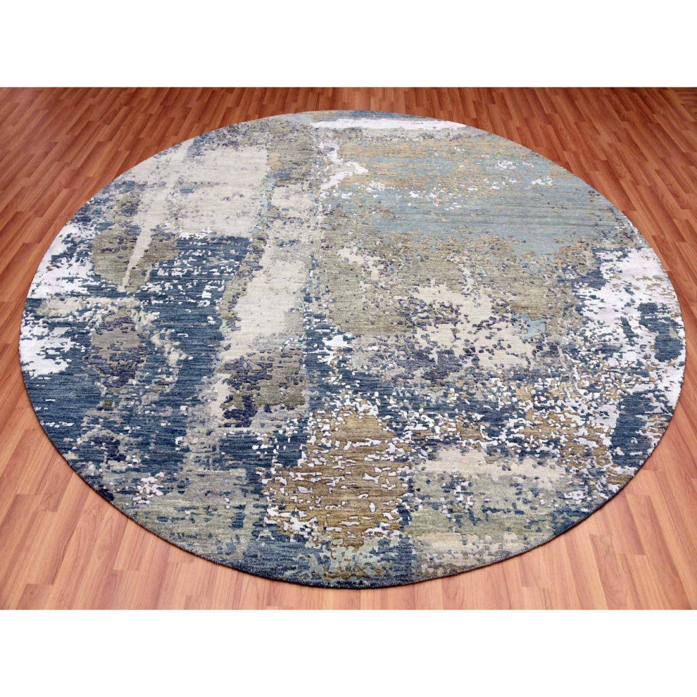 Gray Abstract Design, Hand Knotted Natural Wool Round Oriental Rug, 8'1"x8'5"