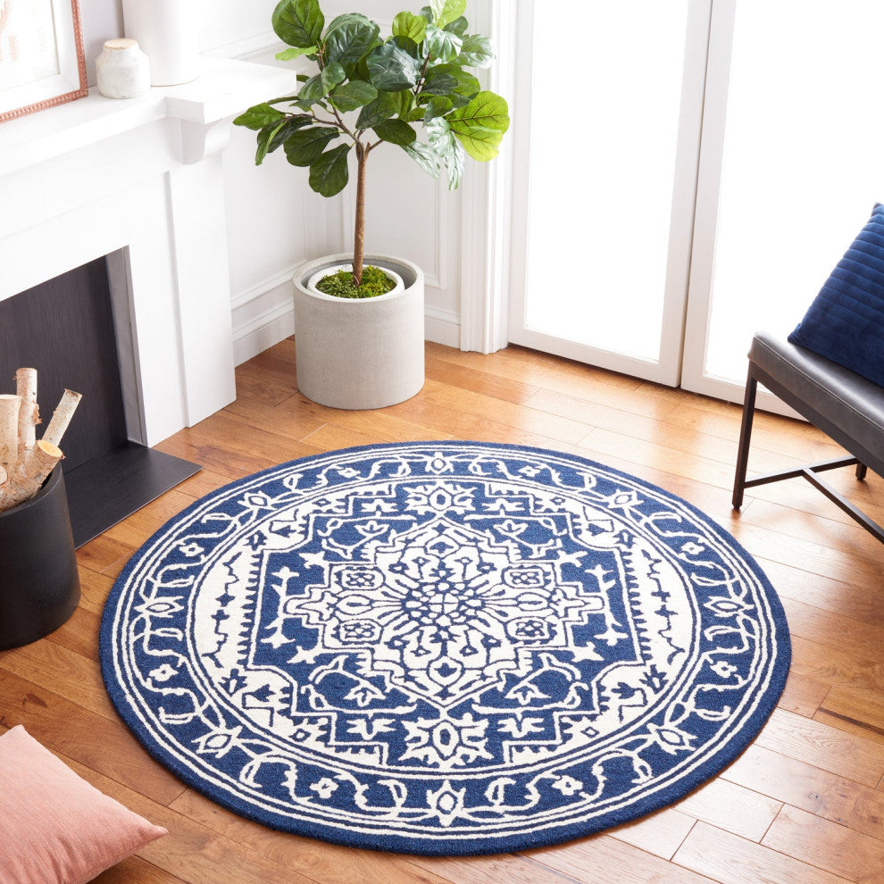 Safavieh Micro-Loop Mlp648N Traditional Rug, Navy and Ivory, 5'0"x5'0" Round