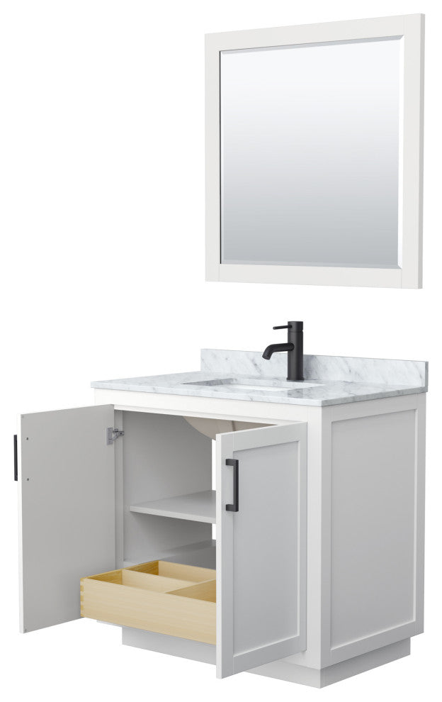 36"SGL Bathroom Vanity White, Carrara Countertop, Sink, Black Trim, 34" Mirror
