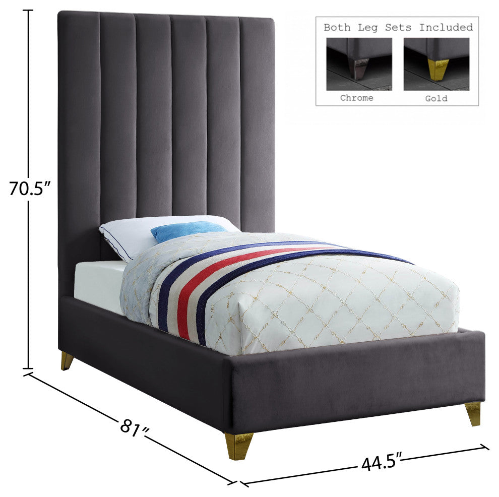 Via Velvet Upholstered Bed, Gray, Twin