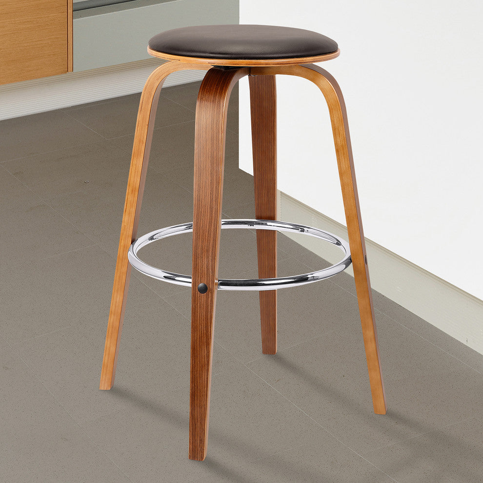 Prescott 30" Mid-Century Swivelless Barstool, Brown Faux Leather With Walnut