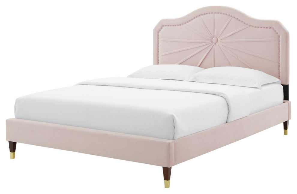 Platform Bed Frame, Full Size, Velvet, Pink, Modern Contemporary, Bedroom Master