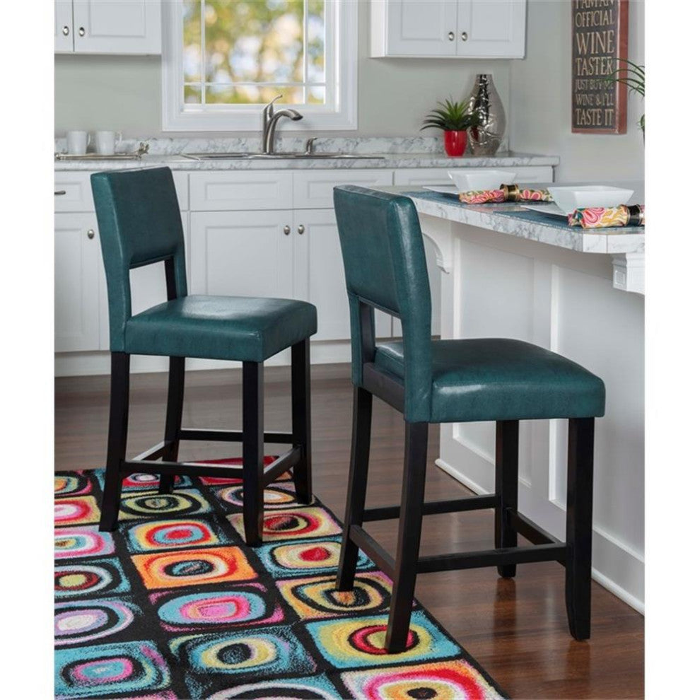 Linon Vega 24.5" Agean Blue Faux Leather & Rubberwood Counter Stool in Black