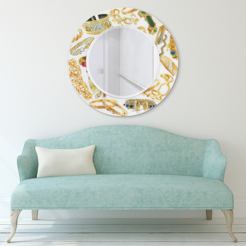 "Gold Charm" Round Beveled Wall Mirror on Floating Printed Tempered Art Glass