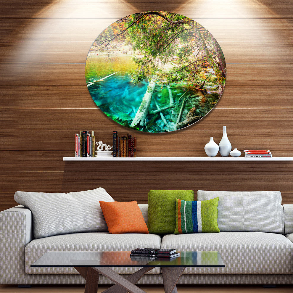 Colorful Lake With Tree Trunks, Landscape Round Wall Art, 36"