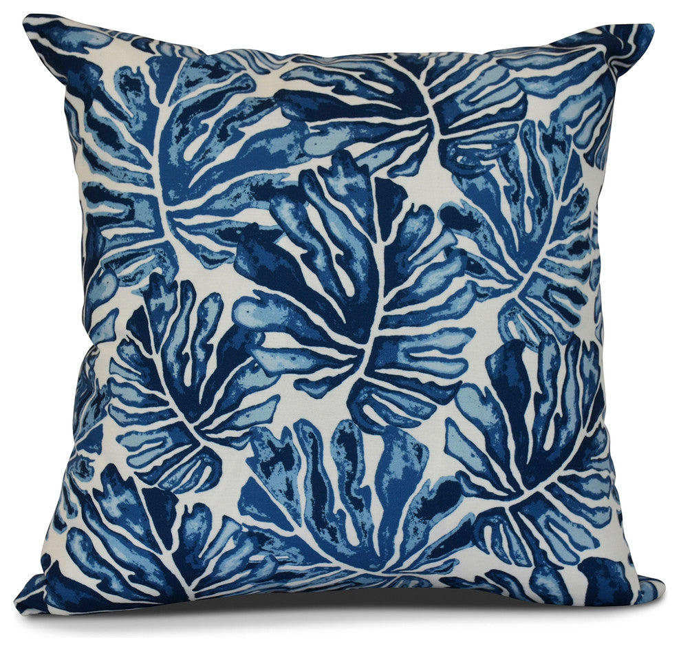 16x16", Palm Leaves, Floral Print Outdoor Pillow, Blue