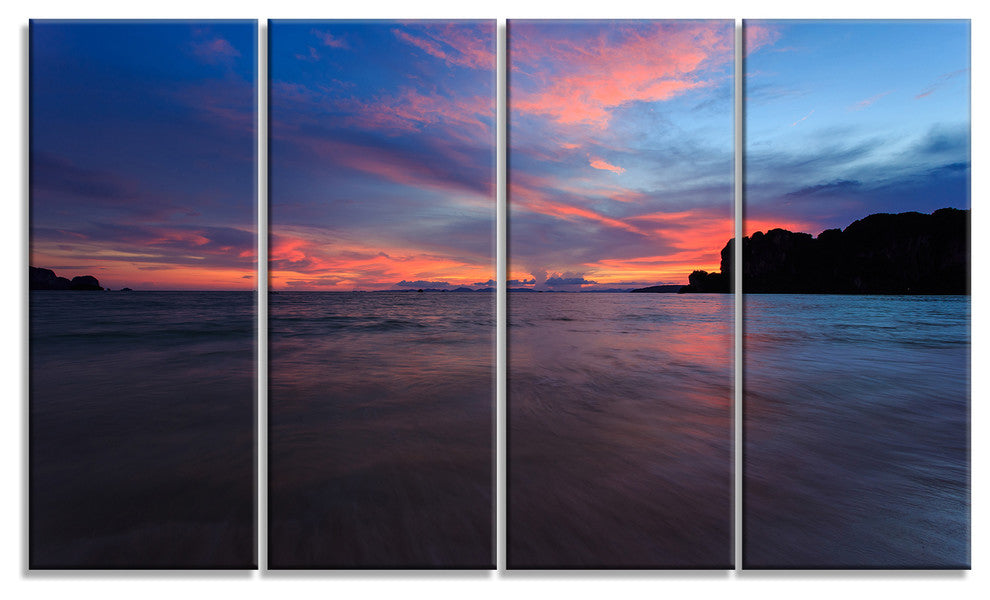 Sunset at Railay Beach Andaman Sea, Seashore Canvas Art Print, 48"x28", 4 Panels