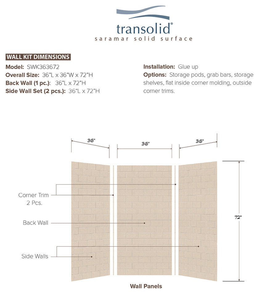 Transolid SaraMar 36" X 36" X 72" Glue to Wall 3-Piece Shower Wall Kit, Cashew