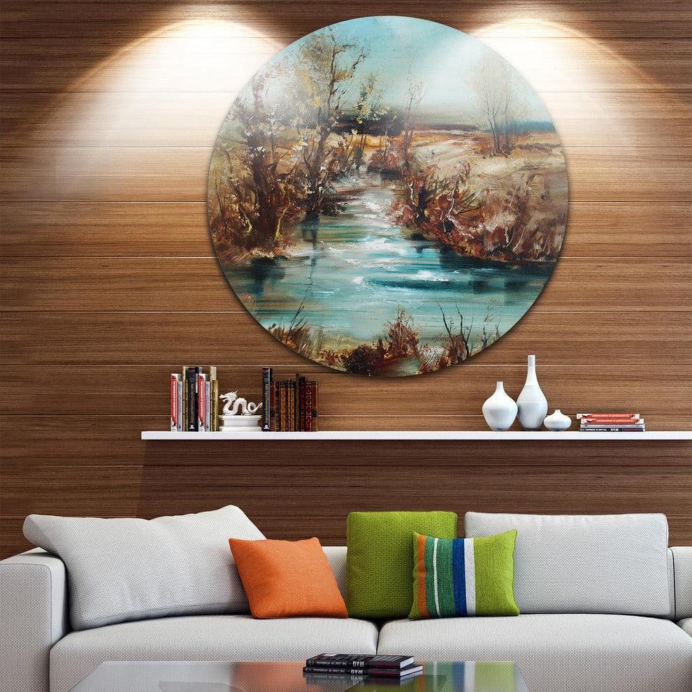 Trees And Creek Oil, Landscape Disc Metal Wall Art, 11"