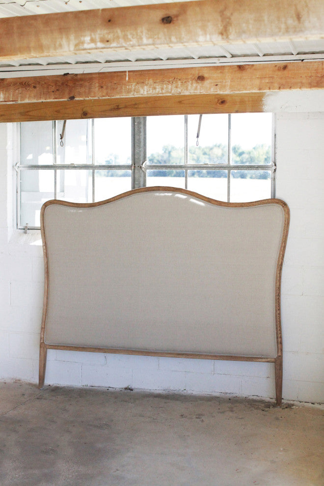 Elegant Oak Wood King-Size Headboard With Linen Upholstery, Natural and Beige
