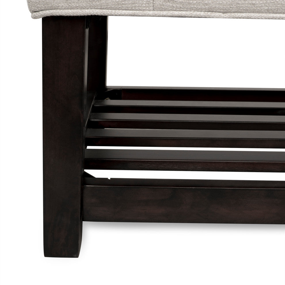Pelon Contemporary Button Tufted Bench With Shelf, Beige/Dark Walnut