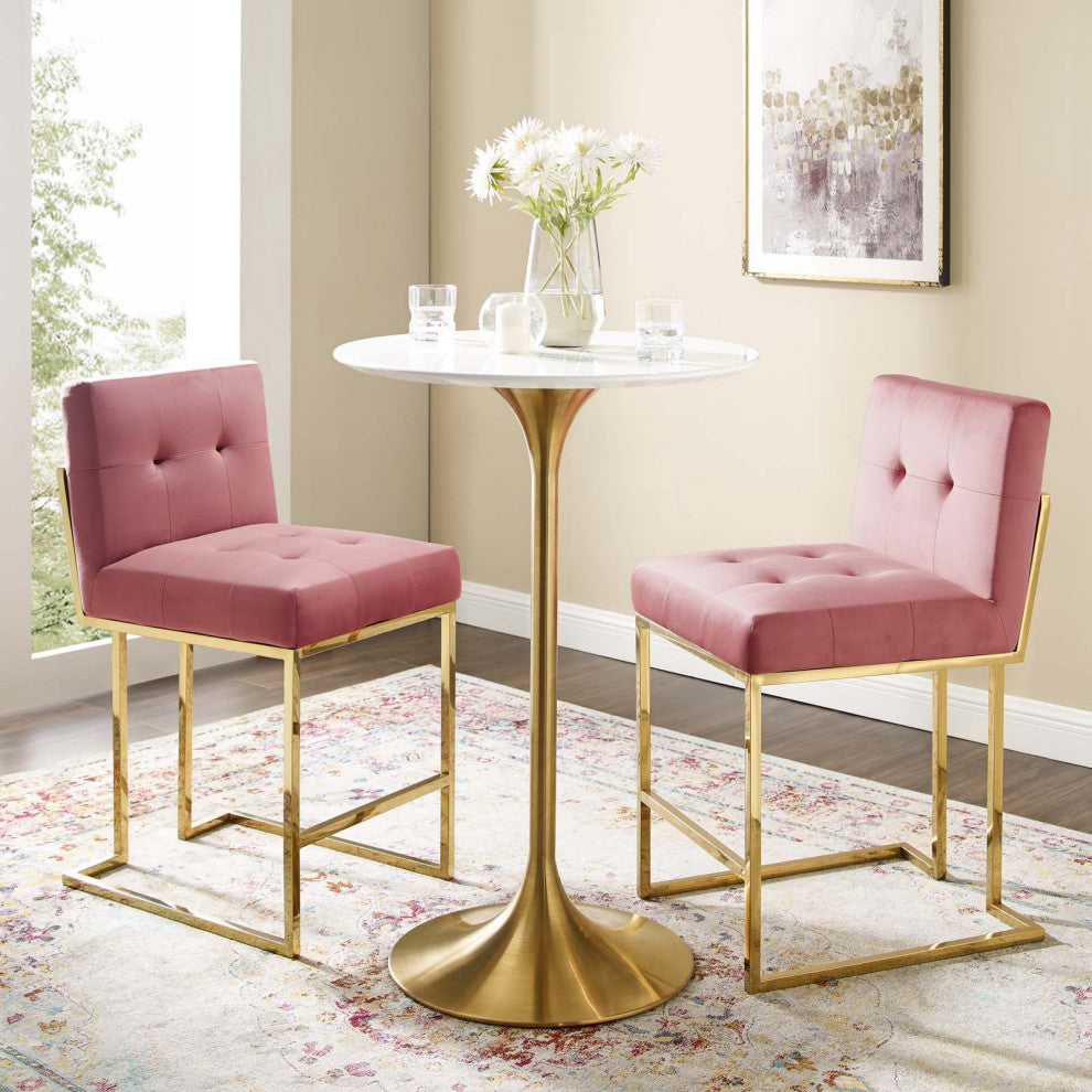 Counter Stool Chair, Set of 2, Velvet, Metal, Gold Pink, Modern, Bar Pub Bistro