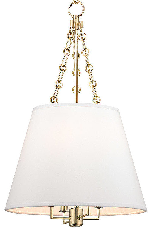Burdett, Four Light Pendant, Aged Brass Finish, White Faux Silk Shade