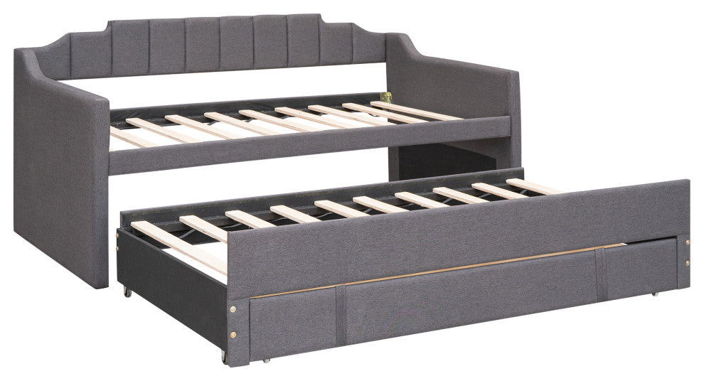 Gewnee Twin Size Upholstered Daybed with Trundle and Three Drawers in Grey