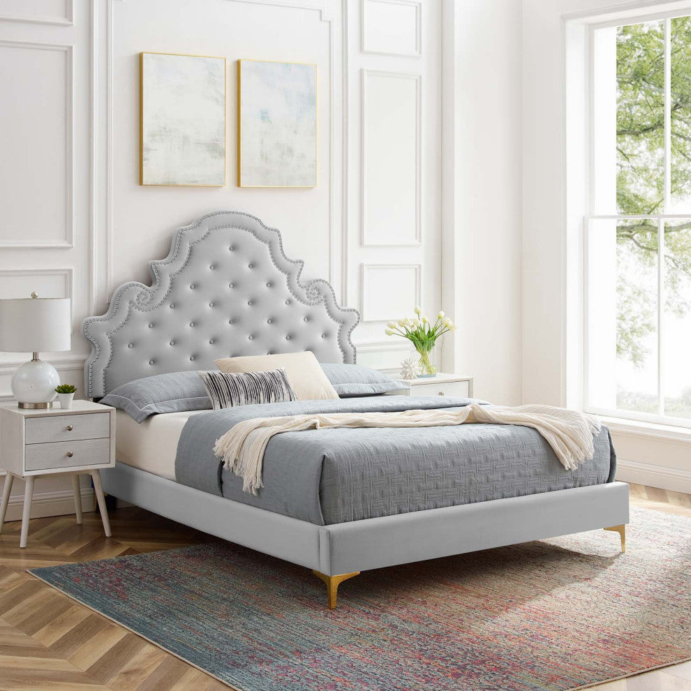 Tufted Platform Bed Frame, Queen Size, Velvet, Gray, Modern Contemporary