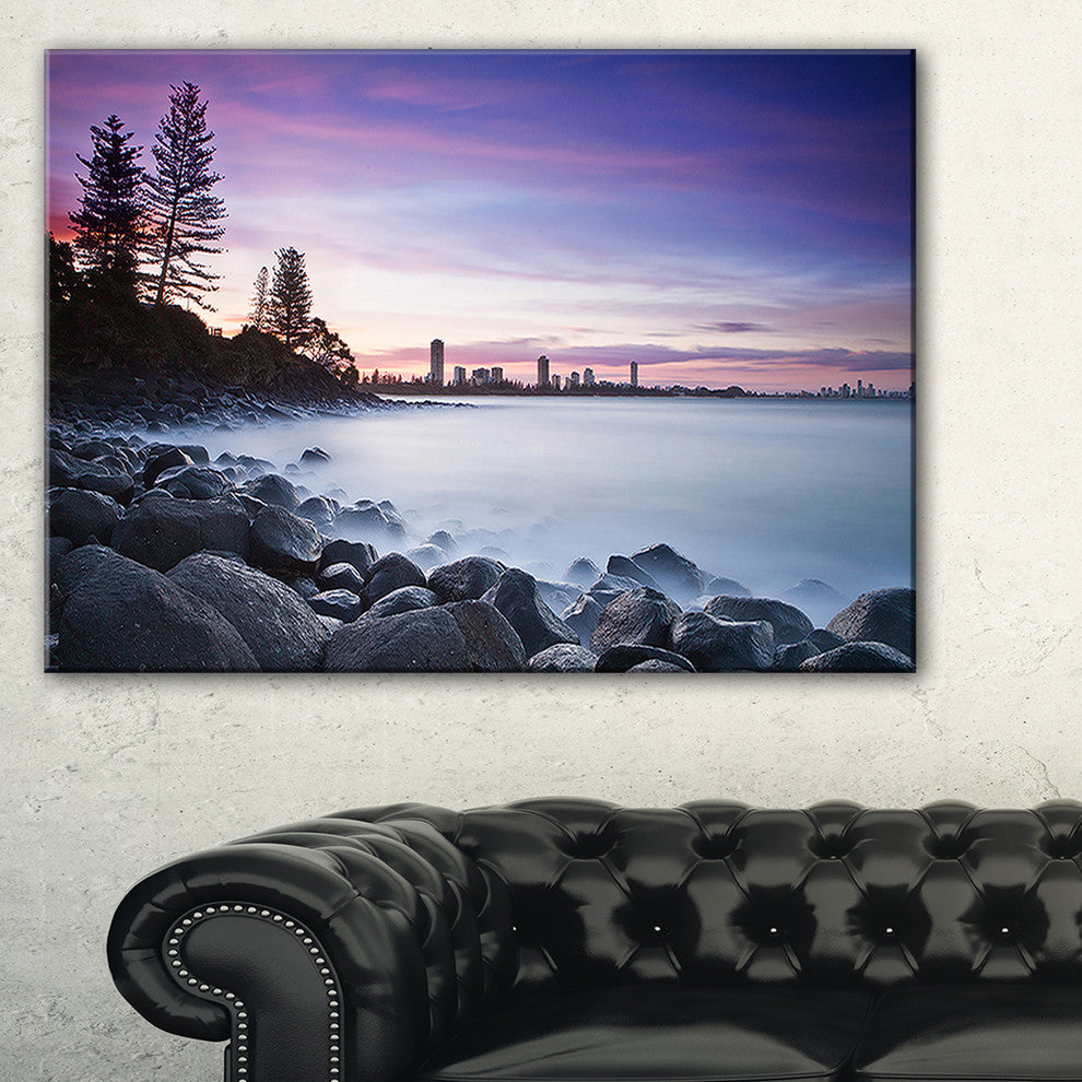 "Rocky Burleigh Point in Blue" Seascape Art Canvas, 40"x20"