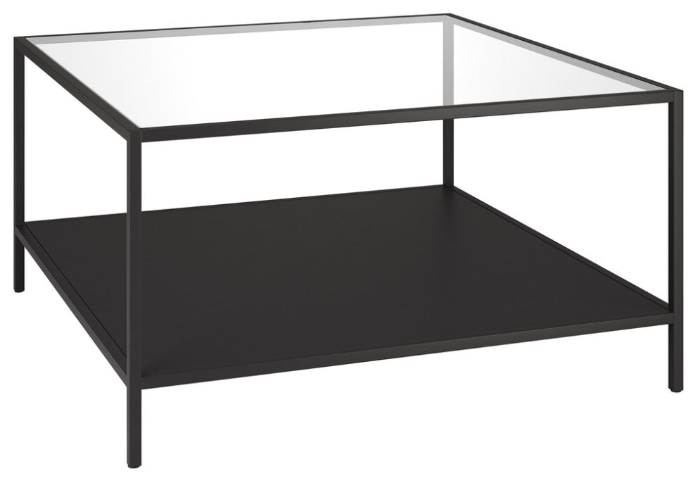 32" Black Glass And Steel Square Coffee Table With Shelf