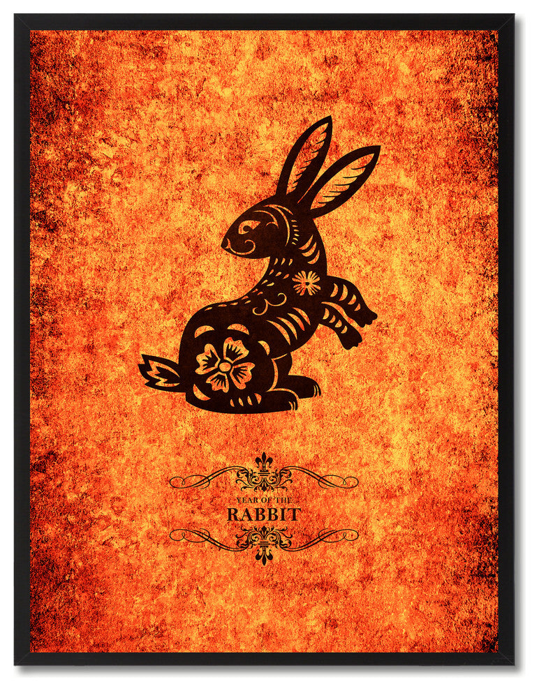 Rabbit Chinese Zodiac Orange Print on Canvas with Picture Frame, 28"x37"