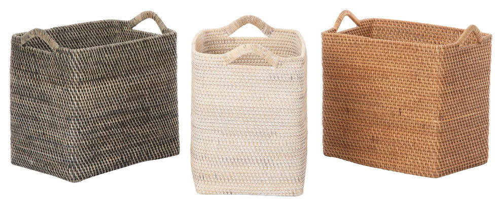 Loma Rectangular Tall Decorative Rattan Storage Basket with Ear Handles, Small, Honey Brown