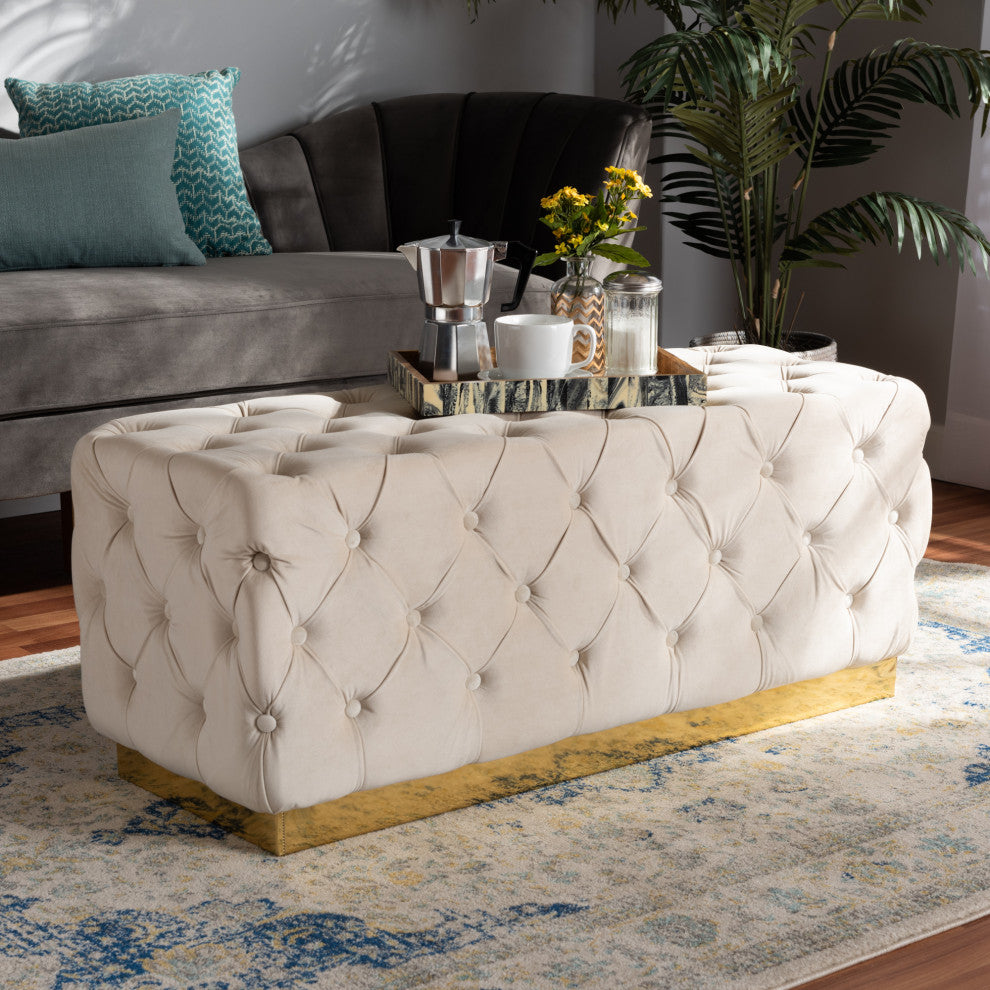 Glam and Luxe Beige Velvet Fabric Upholstered and Gold PU Leather Ottoman