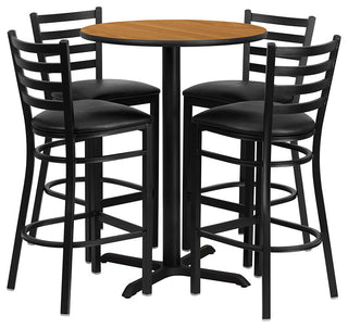 30'' Round Natural Laminate Table, 4 Ladder Back Metal Barstools-Black Seat