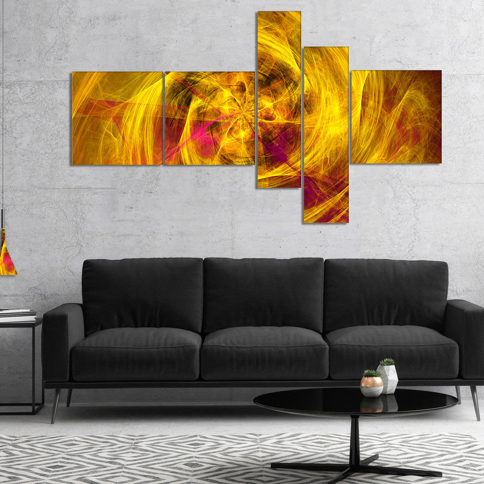 Mystic Golden Fractal, Abstract Wall Art Canvas, 60"x32", 5 panels