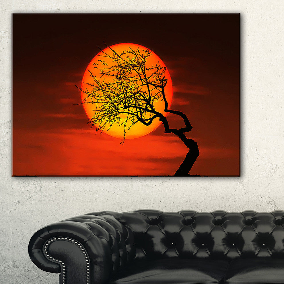 "Birds And Tree Silhouette At Sunset" Extra Large Wall Art Landscape, 32"x16"