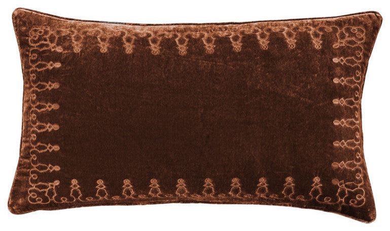 Stella Faux Silk Velvet Embroidered Lumbar Pillow, 14"x24", Copper Brown