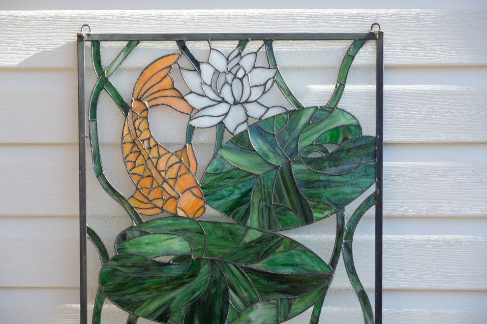 20.25" x 34.5" Fish Play Lotus Leaf Tiffany Style glass window panel