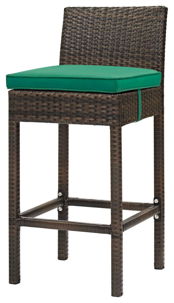 Modern Outdoor Patio Bar Stool Chair, Set of Two, Fabric Rattan, Brown Green