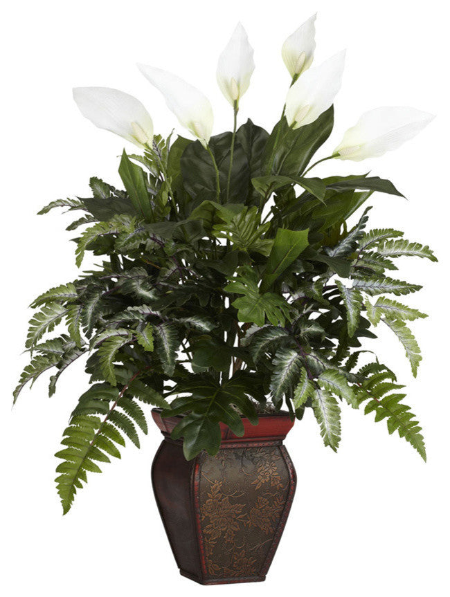 Mixed Greens With Spathyfillum and Decorative Vase Silk Plant