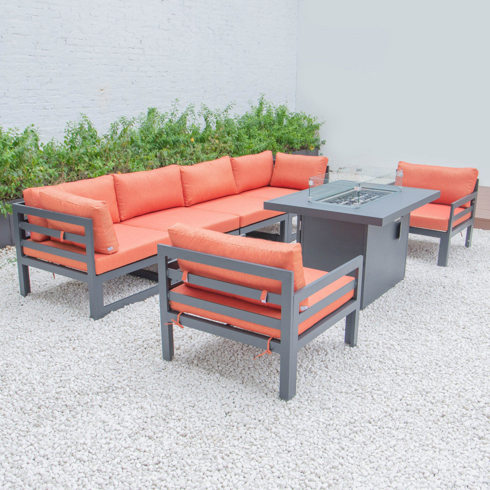 LeisureMod Chelsea 7-Piece Outdoor Sectional With Fire Pit Table, Orange