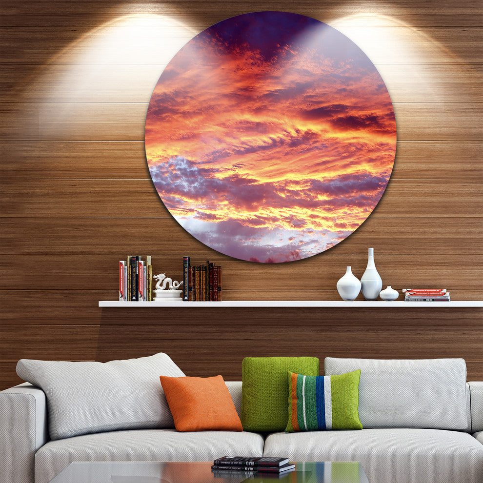 Colorful Sunset Skies With Clouds, Disc Metal Wall Art Landscape, 11"