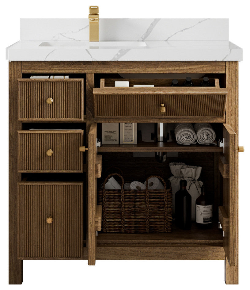 Sonoma Teak 36 Left Offset Bath Vanity in Dark Natural with 2" Calacatta Laza