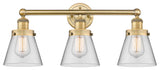 Edison Small Cone 3-Light 25" Vanity Light, Brushed Brass Finish, Clear Shade