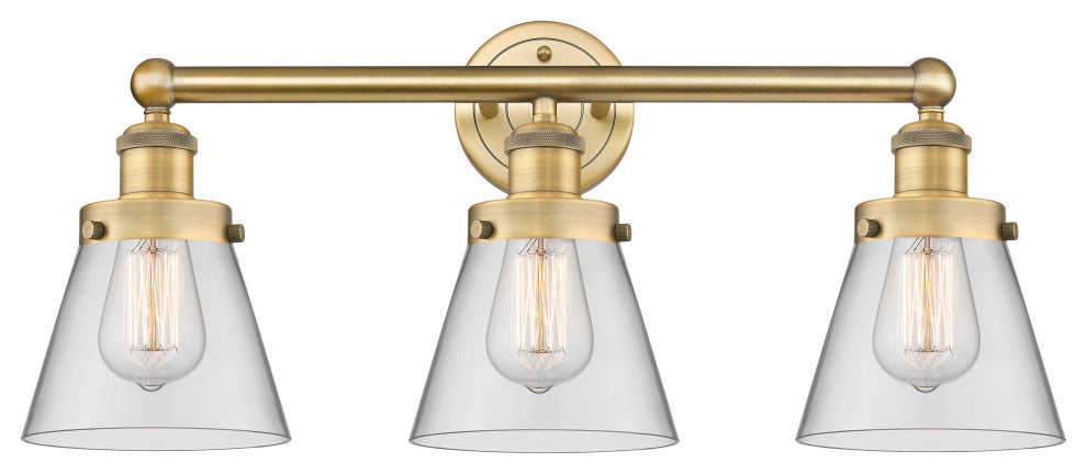 Edison Small Cone 3-Light 25" Vanity Light, Brushed Brass Finish, Clear Shade