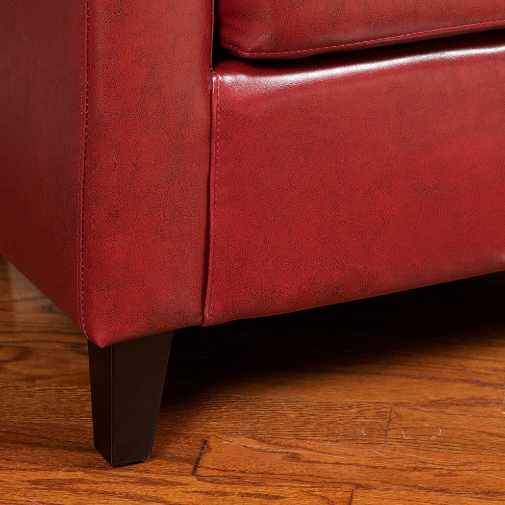 Elegant Oxblood Red Club Chair with Cushioned Bonded Leather and Padded Back
