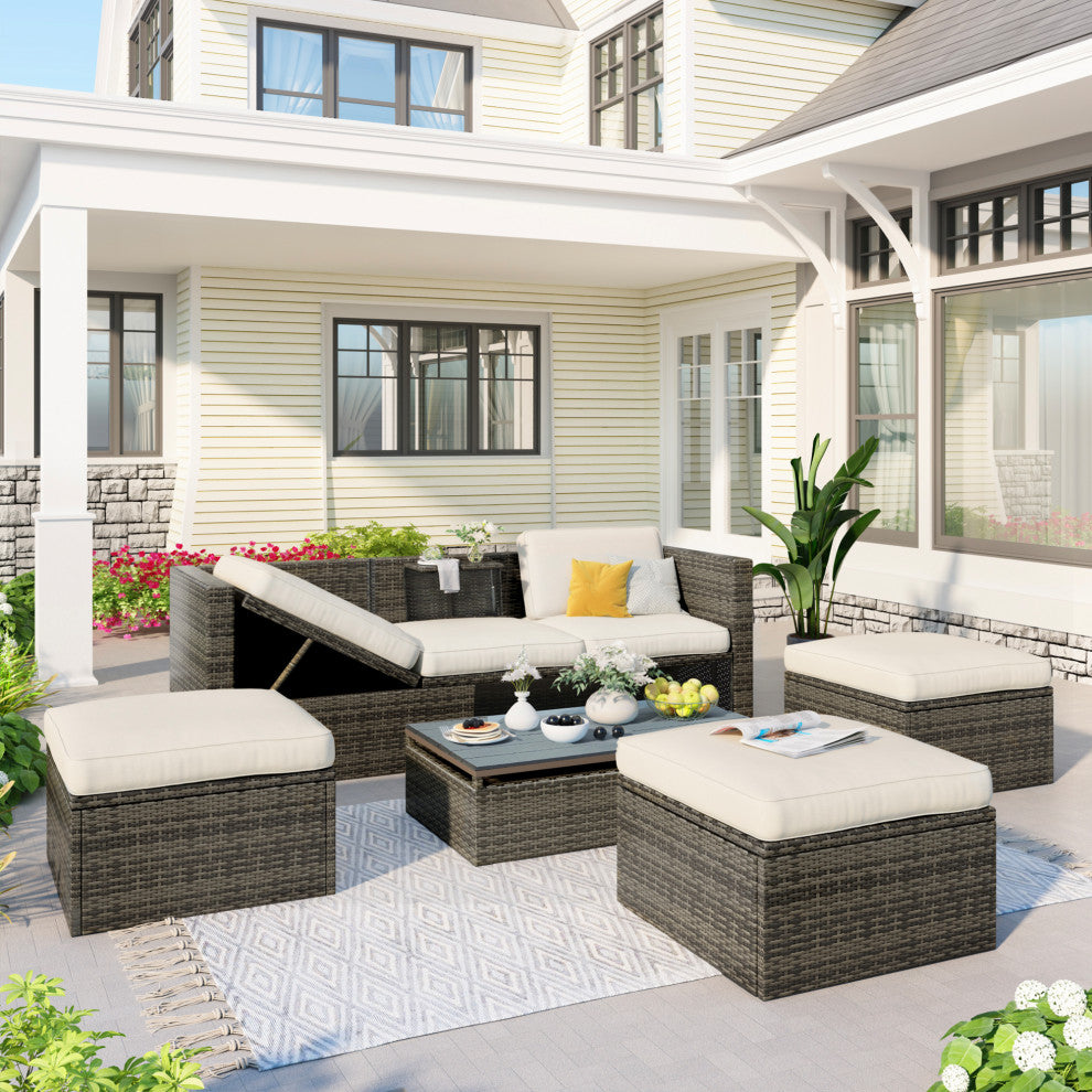 5-Piece Outdoor Wicker Patio Sofa with Ottomans and Lift Top Coffee Table, Gray
