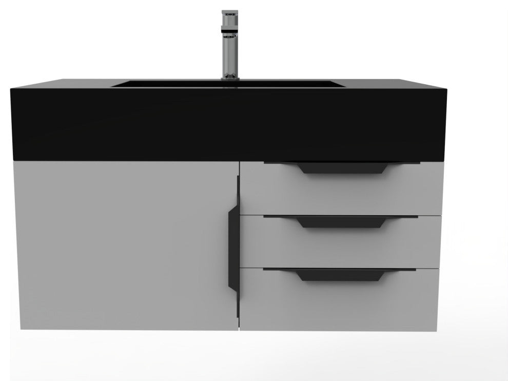 CastelloUSA Nile 36" Wall Mounted Vanity Set, Gray, Black Top, Black Handles