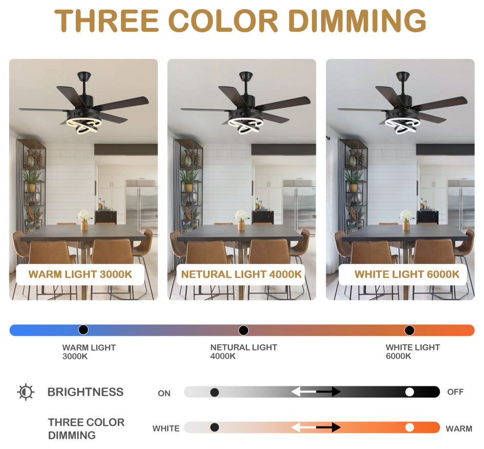52" Ceiling Fan with Adjustable LED Light Kit, 3 Color Tone 6 Fan Speed, Black