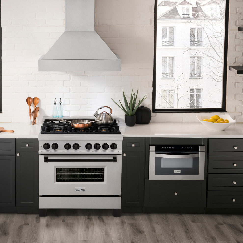ZLINE 36" Dual Fuel Range, DuraSnow With Matte Black Accents RASZ-SN-36-MB