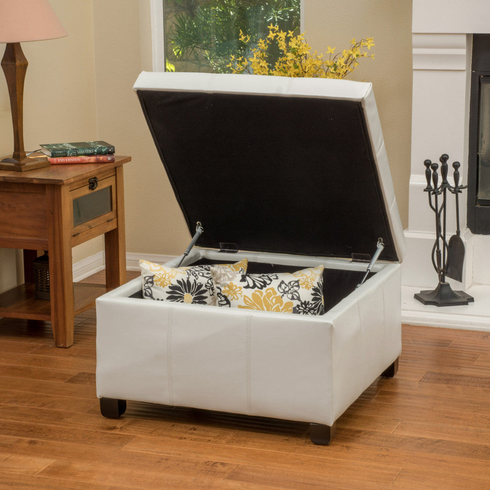 GDF Studio Kensington Square Storage Ottoman, Ivory, Pu, Birch